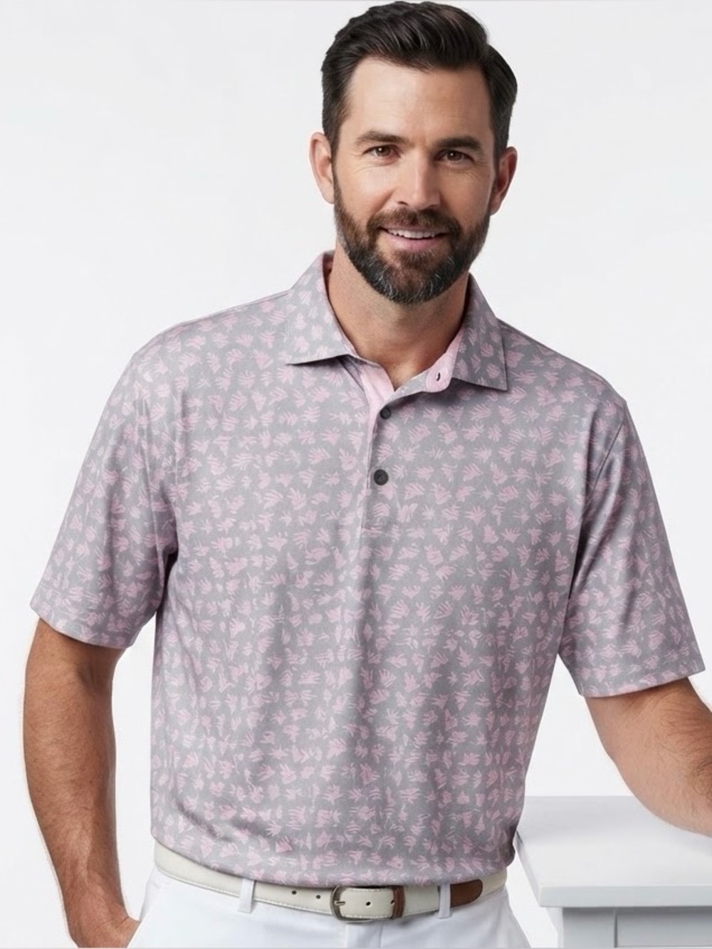 FootJoy FJ Golf Performance Polo Shirt XL Gray Pink Fern Leaf Tropical